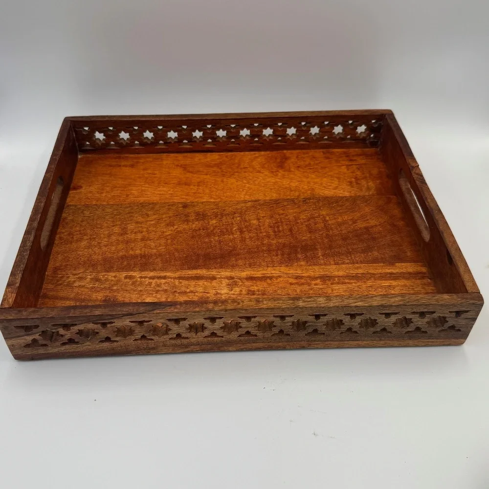 Handcrafted‎ Wood Serving Tray with Star Cutouts and Handles Brown Rectangular
